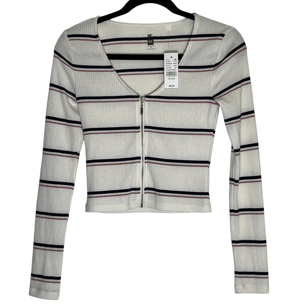 Pac Sun Me We Zip Crop Sweater Women's XS Long Sleeve White Black Stripe